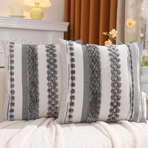 Tosleo Gray Stripe Throw Pillow Covers 18x18 Set of 2 Boho Tufted Decorative Pillow Cases Accent Chenille Pillowcases Farmhouse Cushion Case Bohemian Nuetral Textured Pillow Cover - Image 2