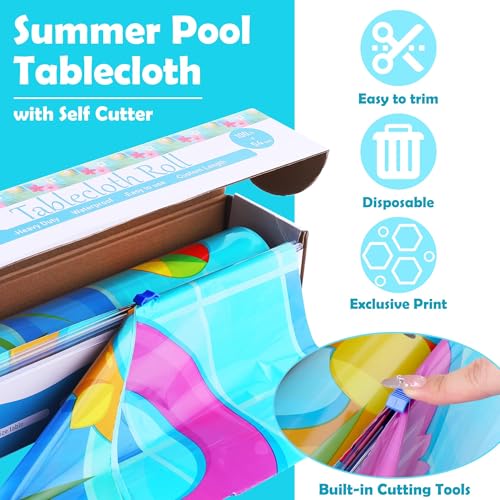 Image of Kochorie 100 Ft x 54 Inch Swimming Pool Plastic Tablecloth Roll Pool Party Table Cover Roll with Cutter Box Summer Themed Ocean Backdrop for Summer Beach Pool Ocean Party Supplies