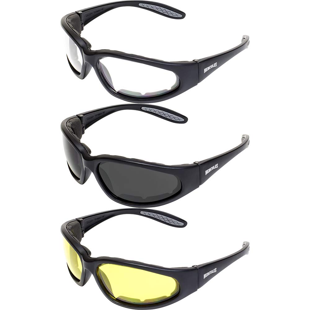 Set of (3) Hercules Plus Motorcycle Glasses Sunglasses Smoked Clear Yellow New