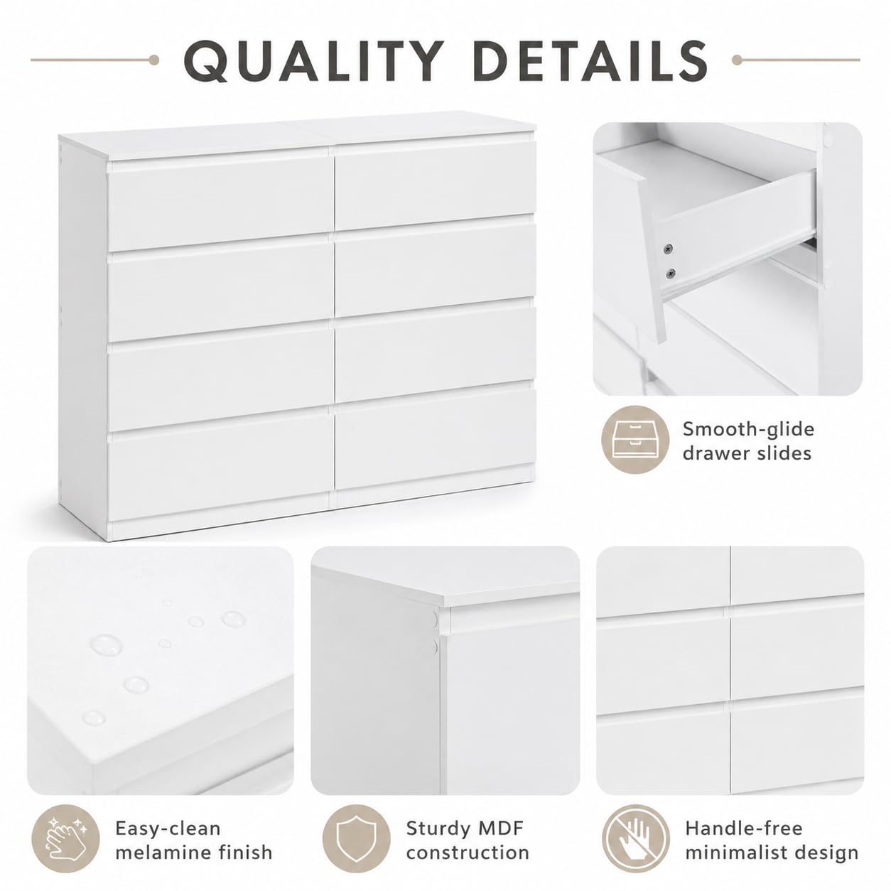 Sovas Cómoda Blanca de 8 Cajones, Cómoda Grande de 120 cm con Amplio Almacenaje, Mueble con Cajones Moderno para Dormitorio, Salón y Entrada, Aparador de MDF Melaminado, 120 x 40 x 98 cm