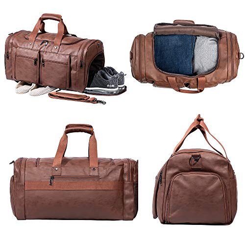 Seyfocnia Leather Travel Bag With Shoe Pouch,Weekender Overnight Bag Waterproof Leather Large Carry On Bag Travel Tote Duffel Bag For Men Or Women-Brown thumb #1