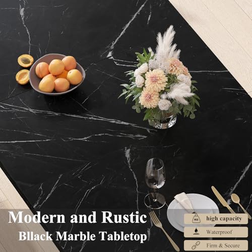 Image of HSH 55 inch Black Faux Marble Dining Table for 4, Rectangle Dining Room Table | Modern Kitchen Table with a Heavy-Duty Pedestal Base; Seats 4, Ideal For Meals, Work and Gatherings, Table Only