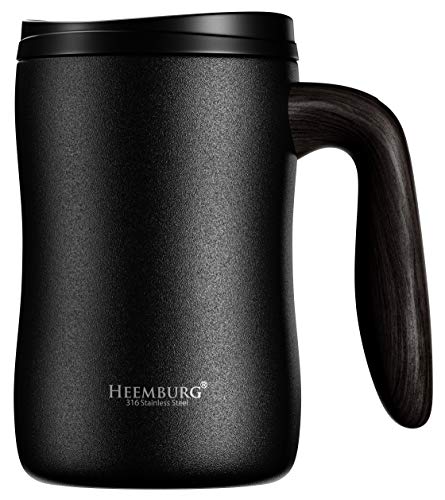 Heemburg Taza de café de acero inoxidable con aislamiento al vacío, taza de té con asa y tapa para oficina o escritorio