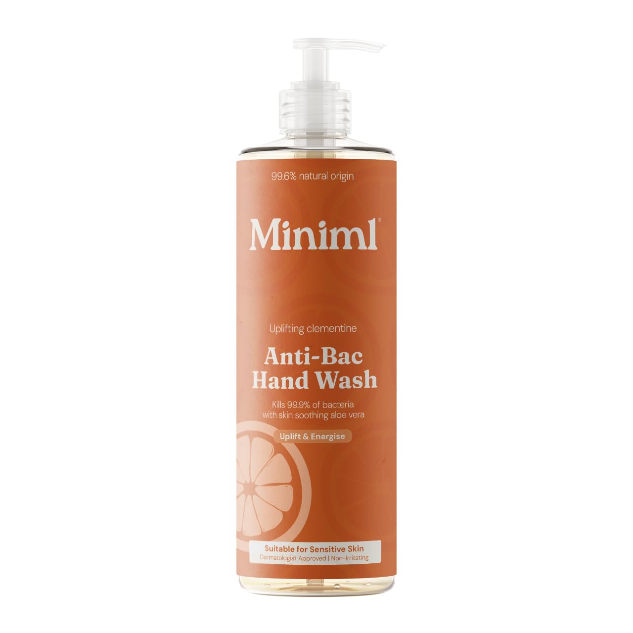 Miniml Anti-Bac Natural Hand Wash - Uplifting Clementine 400 ml, Kills 99.9% of Bacteria, 99.6% Natural, Vegan & Cruelty-Free Liquid Soap for Sensitive Skin