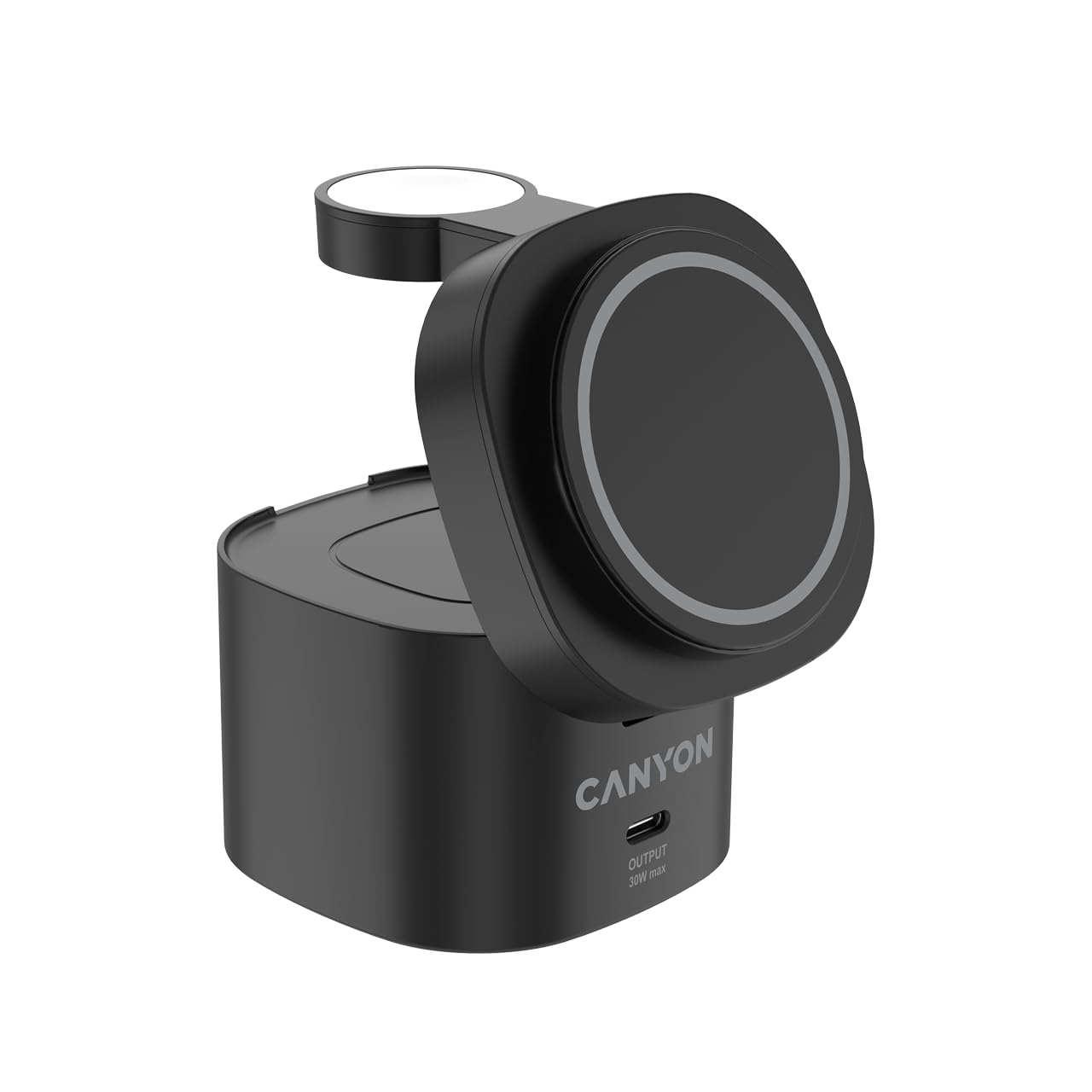 CANYON OnCharge 405 Qi2 - Supporto di ricarica wireless 4 in 1, 15 W, caricatore rapido magnetico per iPhone, Apple Watch e AirPods, porta USB-C da 30 W, adattatore PD da 65 W incluso, nero