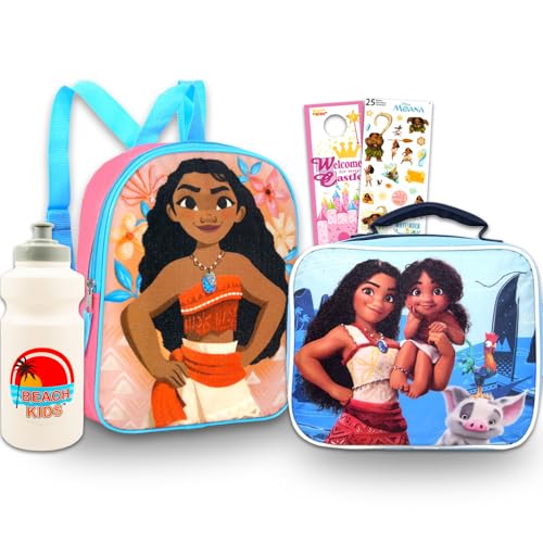 Moana Mini mochila com conjunto de lancheira – Pacote com bolsa escolar pequena Disney de 28 cm, lancheira, adesivos, garrafa de água, mais | Mochila Moana pequena para meninas de 4 a 6 anos,