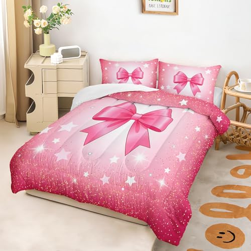 Image of AILONEN Aesthetic Bowknot Comforter Queen 3-Piece Elegant Glittery Bedding Ultra Soft Down Alternative Master Bedroom Decor Vibrant Pastel Starry Quilt Includes 2 Cases