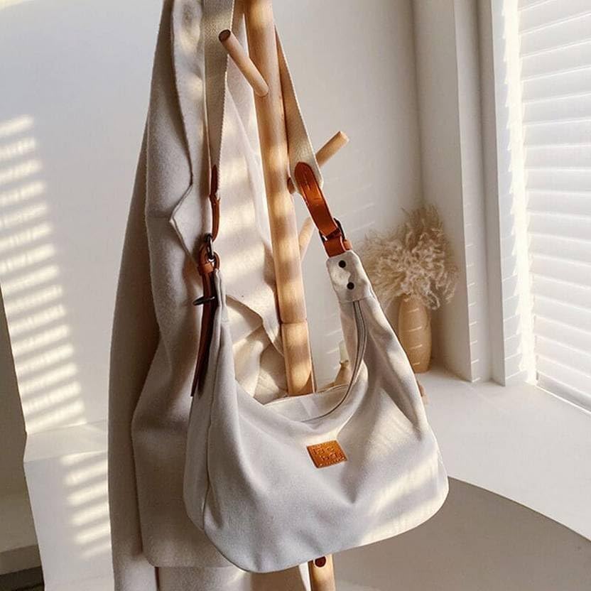 Image of Stylish Canvas Tote Bags Shoulder Bag for Women |Hobo Handbag with Adjustable Strap | Trendy Daily Use Collage Purse for Girls & Ladies-White