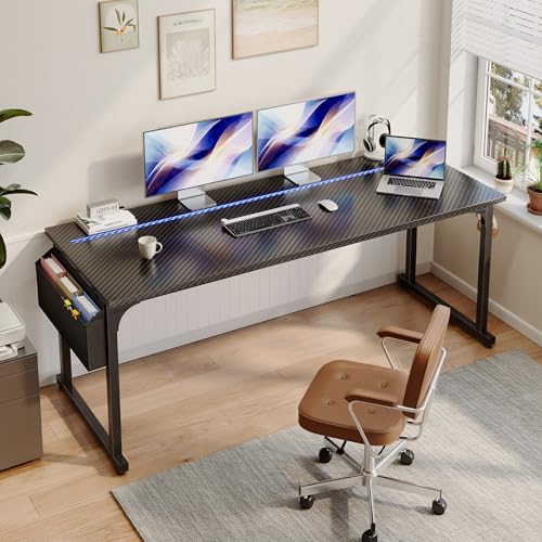 Image of DurayLoly 71 inch Gaming Desk with LED Lights, Large Office Desk for 3 Monitors or 2 laptops,Long Desk with Storage Bag&Headphone Hook for Study Writing Work Wood Desk,Sturdy Metal Frame,Black