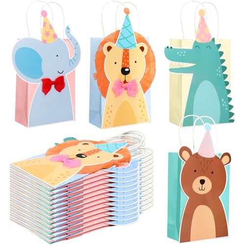 Marspark 20 Pcs Animal Parade Decorations Goodie Bags with Handles Safari Jungle Paper Gift Bags for Zoo Wild Birthday Party Baby Shower Woodland Theme Party Favor Supplies(Safari Style)