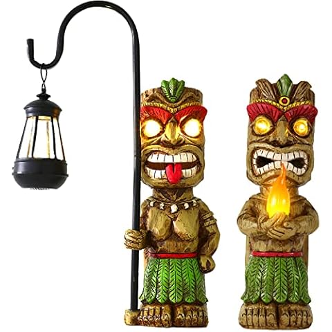 MIBUNG 2pcs Tiki Statues Value Bundle | Large Tiki Figurine with Solar Lights, Hawaiian Tropical Tiki Man Warrior, Tiki Dude, Tiki Torch, Outdoor Patio Yard Lawn Bar Party Beach Decoration Cover