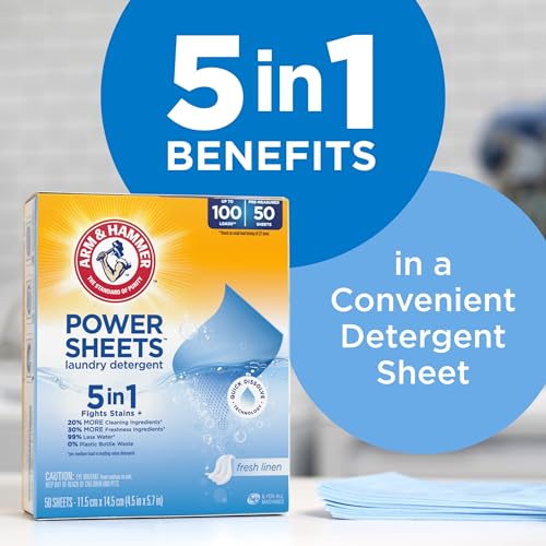 Image of ARM & HAMMER 5-in-1 Power Sheets Laundry Detergent, Fresh Linen, 50 Count, up to 100 Small Loads