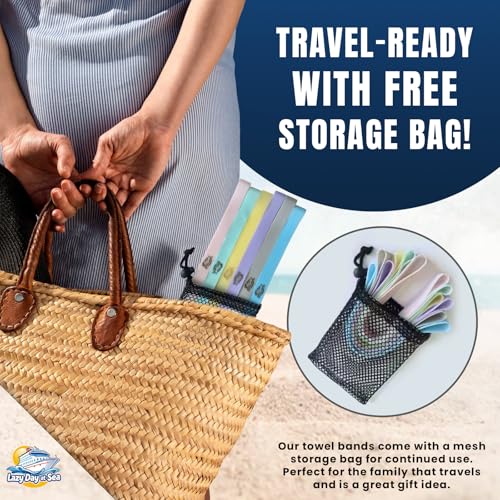 Image of Towel Bands (6-Pack) for Beach & Pool Chairs - Extra Durable, No Snapping, Soft Pastel Colors, Holds Towels Secure on Outdoor & Cruise Lounge Chairs. Includes Storage Bag