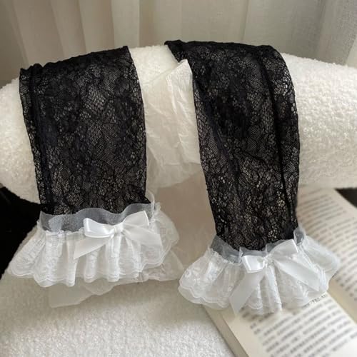 Image of SOLILOQUY Women Y2K Ruffle Lace Leg Warmer Kawaii Lolita Long Thigh High Socks Harajuku JK Tiered Sheer Tulle Boot Cuff Cover