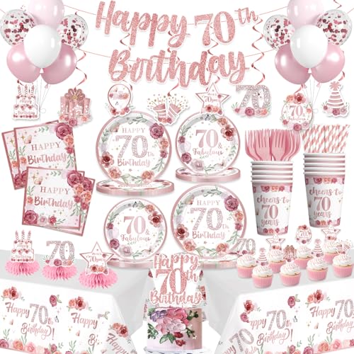 Yingto 205 PCS 70th Birthday Decorations for Women, Happy 70th Birthday Party Supplies with Plates, Napkins, Cups, Banner, 2 Tablecloths, Balloons & C