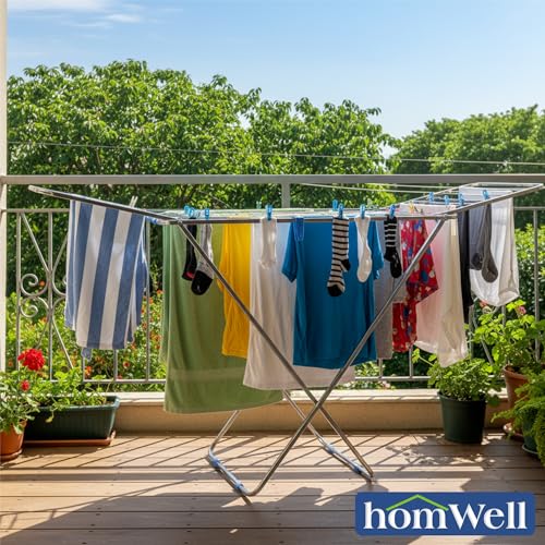 Image of homWell Heavy Duty Stainless Steel Foldable Clothes Drying Stand with 41 Feet Drying Length & 8 Hooks Cloth Drying Stand Foldable Clothes Stand for Drying Cloth Dryer Stand