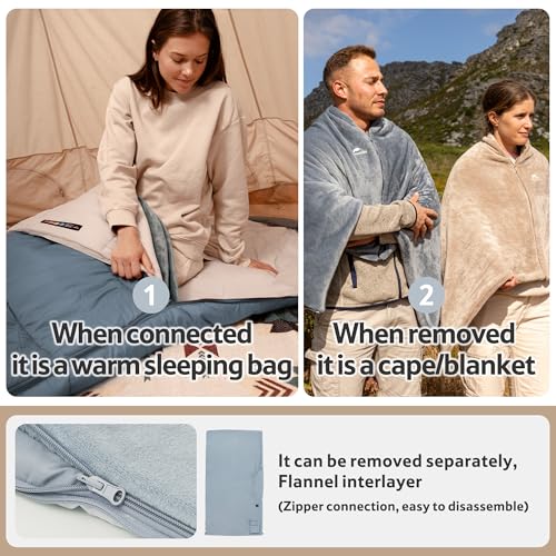 Naturehike bolsa de dormir convertible para adultos, forro de franela desmontable, se puede unir para bolsa doble, convierte en manta chal para camping, senderismo, oficina y hogar miniatura 3