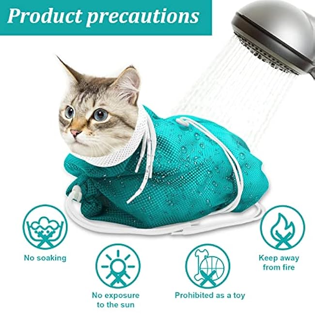 Breathable Mesh Shower Bag - Anti Scratch Adjustable Grooming for Nail Trimming, Bathing - Polyester Soft Cat Washing (White-Green)-Fuw3uQ5x