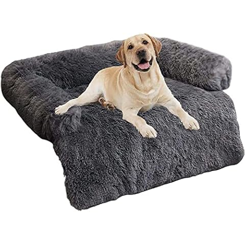 Danchen Calming Dog Bed, Ultra Soft Plush Dog Mat Sofa, Anxiety Relief Pet Cushion Dogs Cats Furniture Cover Protector Washable with Non-slip Bottom, Removable Cover with Zipper, Dark gray Cover