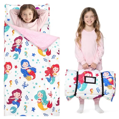 Image of JOIEDOMI Toddler Sleeping Bag for Kids 55''x30'' Nap Mat with Removable Pillow and Minky Blanket for Toddler Ages 3-7 Roll Up Soft Kids Sleeping Bag for Boys Girls Kindergarten Daycare Sleepover