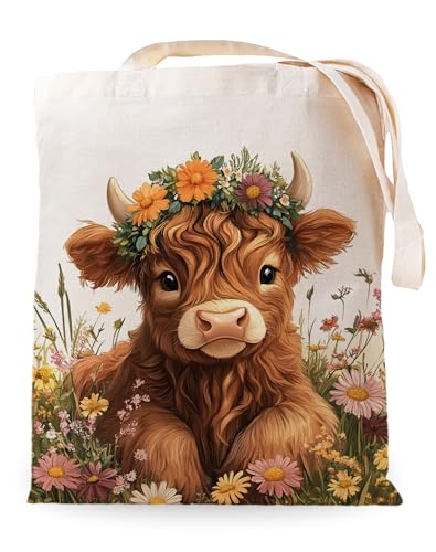 SUNFYCN Highland Cow Canvas Bag, Highland Cow Gifts, Personalized Tote Bags Gift Canvas Cotton Bags for Women Friends Teacher Mom Nurse Holiday Birthday Present