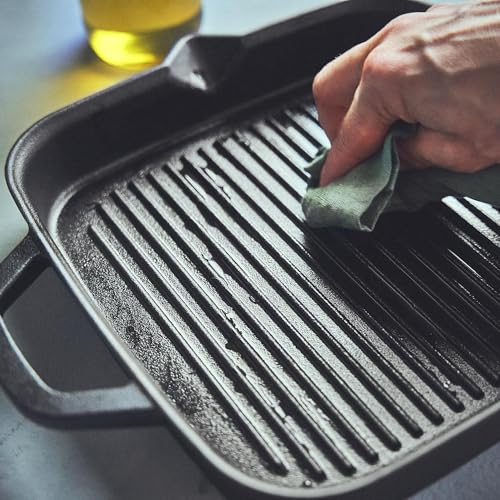 Foto von BURNHARD Gusseisen Grillpfanne, quadratisch 26 cm, Pre-Seasoned, Steakpfanne für Gasgrill, Backofen, Feuerstelle und alle Herdarten inkl. Induktion