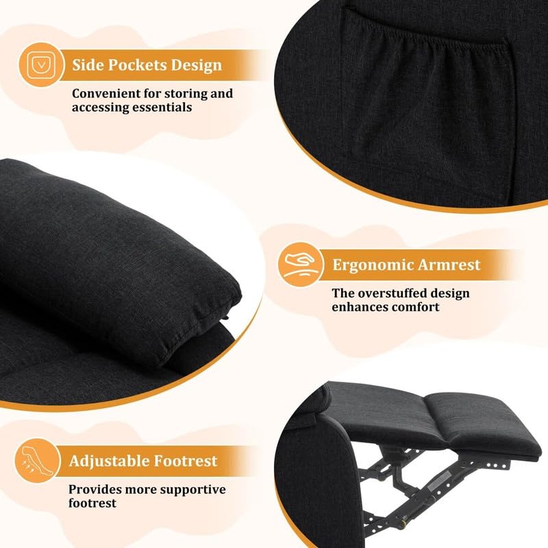 Image of Recliner Sofa 1 Seater | Manual Recliner Chair | 360 Swivel Rocker Recliners for Small Spaces,Rocker with Side Pockets Chairs for Living Room, Bedroom, Nursery, Black