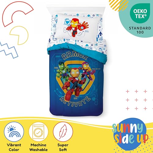 Image of Sunny Side Up Kids Comforter Set Includes Sheets and Pillow Covers - Soft and Cozy Bed Set for Stylish Room Decor, Blue - Iron Man and His Awesome Friends, 5 Piece Twin Size Bedding
