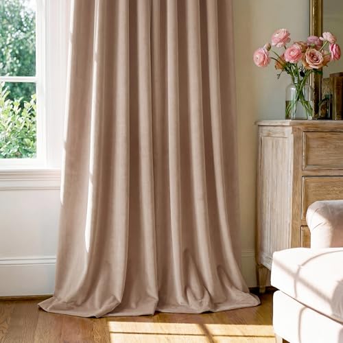 Image of Blush Beige Velvet Curtains for Nursery Girls Room, W52xL100, 2 Pcs | Super Soft Velvet, Privacy Window Drapes, Elegant Home Decoration for Living Dining Room, Office, Living Room, Bedroom