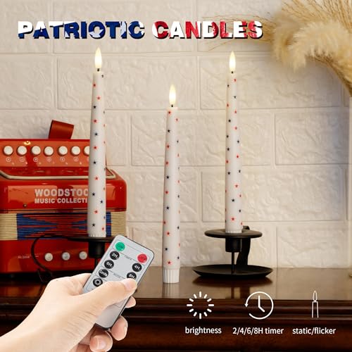 Image of 4th of July Candles, Flameless Taper Candles with Remote, 9.6 inch Red White and Blue Star Candles, Real Wax Flickering Independence Flameless Candles, Patriotic Candles, Battery Candles, Set of 3