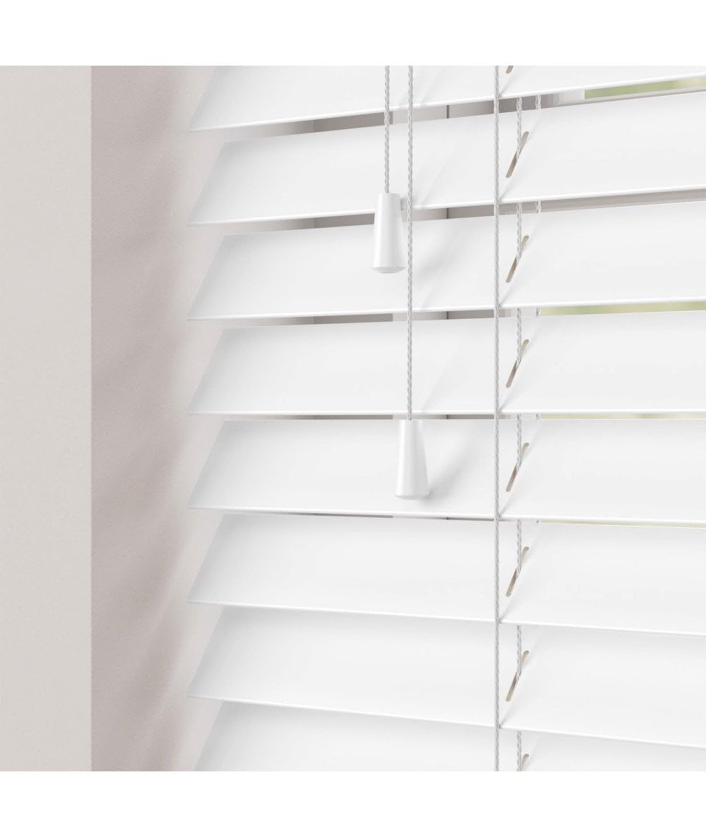 White Gloss 50mm Faux Wood Venetian Blinds With Strings 120cm Drop 120cm Wide