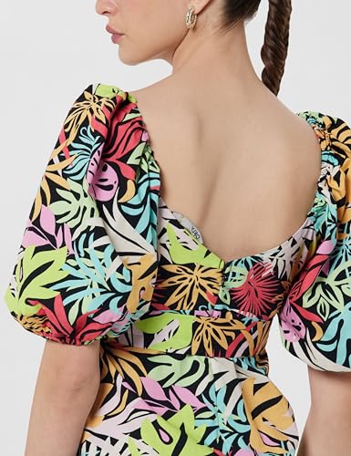 Image of ONLY Tropical Printed Square Neck Puff Sleeves Cotton Sheath Dress