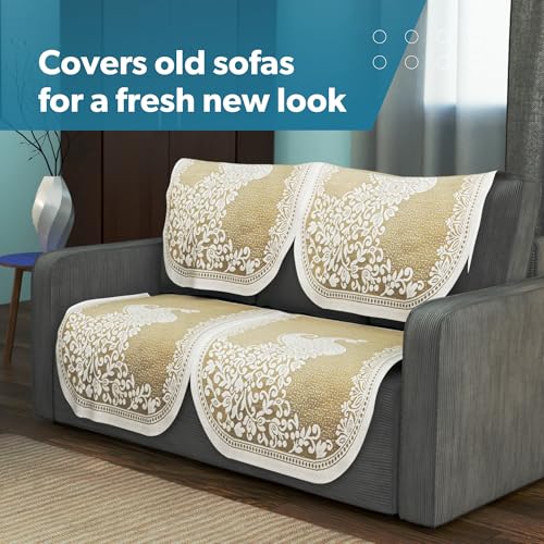 Image of Kuber Industries (Set of 4) Stylish & Durable Cotton Sofa Covers 2 Seater | Washable Sofa Protector /Mat & Slipcover for Hall, Living Room & Office | Peocock Design - Cream