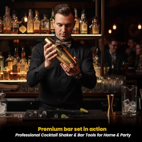 Image of O' Holic by Perch Craft 8-Piece Stainless Steel Bartender Kit|Premium Cocktail Shaker Set with Jigger 30 /60ml, Spoon,Pourer,Ice Tong, & Bar Tools|Professional Bar Set for Home &Tour Parties|Golden