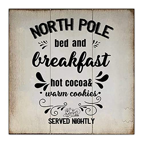 Aihesui Vintage Wood Sign North Pole Bed and Breakfast Christmas Holiday Wall Hanging Quote Farmhouse Wooden Plaque Rustic Art Decor for Home Living Room Kitchen Bathroom 16inchx16inch 16inX16in