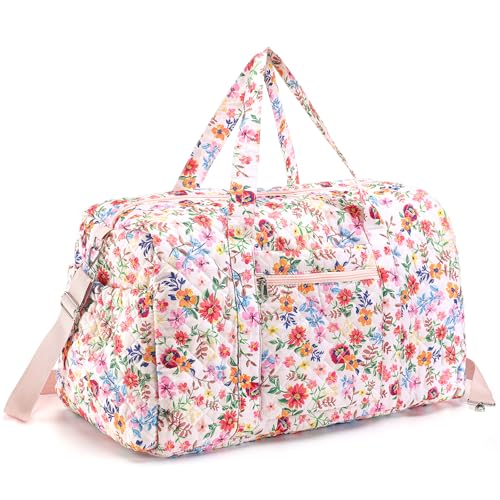 Large Quilted Travel Duffle Bag for Women Floral Portable Gym Lightweight Weekender Bag with Zipper Pockets Workout Grocery Pouch Duffle Pouch for Travel Work(Pink Floral)