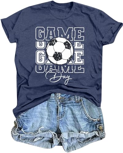 Soccer Shirts for Women Funny Soccer Mom Tshirt Game Day Graphics Tees Tops Blue