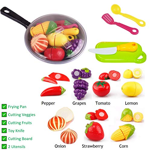 Cut Play Food Kitchen Accessories Set for Kids - Cutting Toy Fruits and Vegetables - Cooking Pot - Toy Knife & Cutting board - Play Utensils - Toddlers, Boys & Girls Fake Food Pretend Playset - Thumbnail 2
