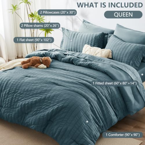 Image of HIMEET Queen Comforter Set, 7-Piece Seersucker Bed in a Bag, Mineral Blue | 90 GSM Brushed Fabric, 240 GSM Fill, 90 x 90-Inch Comforter, 14-Inch Deep Pocket, OEKO-TEX Certified, All-Season Comfort