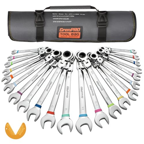 GRENPRO Ratchet Wrenches Set 23PC Flex Head Ratcheting Wrench Set Metric and Standard & SAE 6-18mm & 1/4 to 3/4 with Color Ring CRV Open End Tool Organizer Pouch Combination Ratchet Wrench Sets