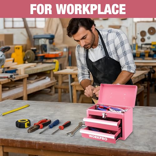 WORKPRO Metalowa skrzynka z 2 szufladami i górnym schowkiem, Różowa, 27,5x15x20,8 cm, Organizer na biurko z szufladami i uchwytem do biura, szatni i biurka, Przenośna skrzynka narzędziowa