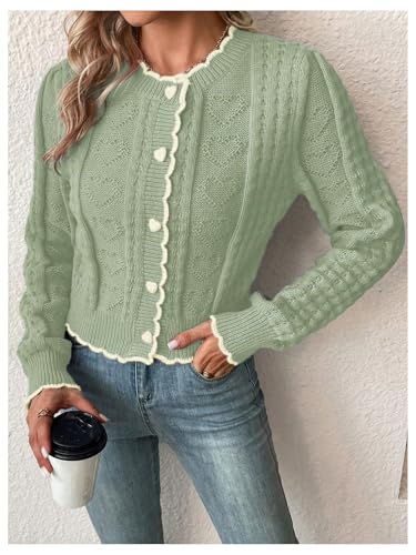 WDIRARA Women's Contrast Trim Button Down Cardigan Sweater Scallop Long Sleeve Knit Outerwear3