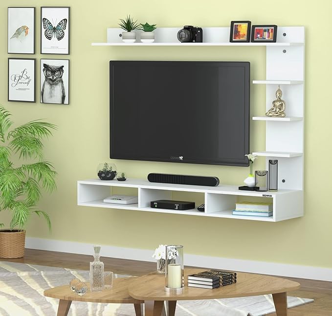 Image of Anikaa Tyron Engineered Wood Wall Mount TV Unit /TV Stand /Wall Set Top Box Stand /TV Cabinet /TV Entertainment Unit with LED Light (White)(Ideal for Upto 42 inch)(D.I.Y)