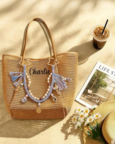 Image of Ocean Bag Charm, Pearl Braided Shell Keychain with Star Clasp