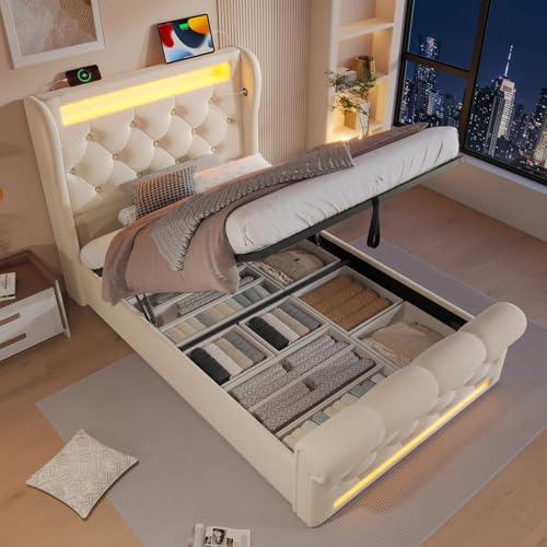 EURHCIO Lit 1 Place 90x200cm avec Espace de Rangement Hydraulique et Port USB Type-C,Lit Coffre avec Lampe LED et Sommier à Lattes,Tissu Velours,pour Adulte...