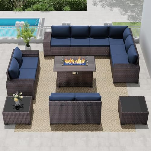 Image of 13 PCS Outdoor Patio Furniture Set,Outdoor Sectional Furniture with 43 inch 55000 BTU Gas Propane Fire Pit Table,All Weather PE Rattan Wicker Patio Conversation Set,Navy Blue