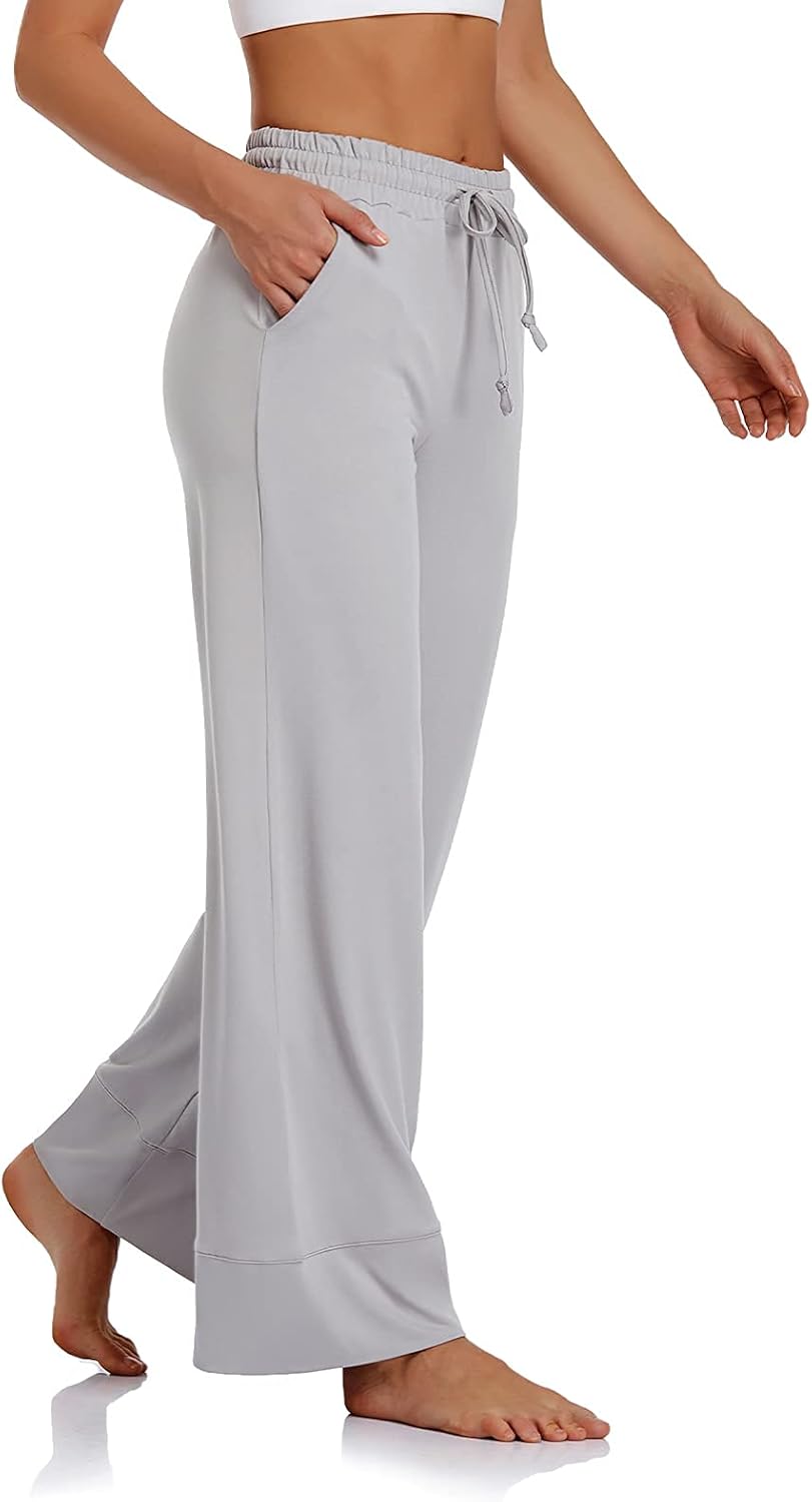 UEU Women's Wide Leg Yoga Pants Drawstring Workout Lounge Pants Comfy Pajamas Pants with Pockets : Sports & Outdoors