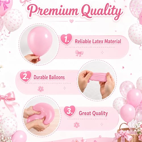 Image of Bow Balloons, 60 Pcs 12 Inch Pink White Clear Latex Balloons for Baby Girl Birthday Party Decorations Bow Themed Bridal Shower Coquette Party Decor