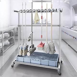 Heavy Duty Stainless Steel Mop and Broom Holder - Commercial Movable Organizer Rack for Cleaning Supplies, Garden & Kitchen Tool Storage, Ideal for Hospitals & Property Management (Blue)