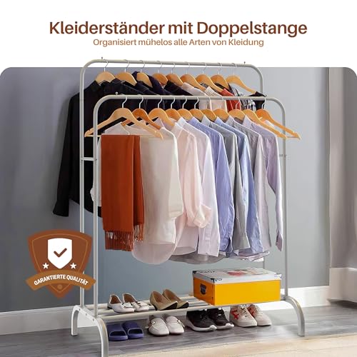 PORTENTUM Kleiderständer Stabil aus Stahl – bis 35 kg – mit doppelter Stange und Schuhablage – Kleiderstange mit rutschfesten Füßen – Endkappen gegen Abrutschen – schneller Aufbau